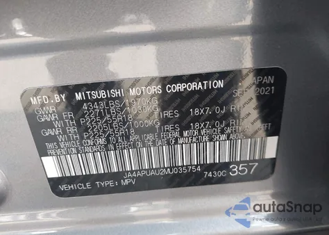 2021 Mitsubishi Outlander Sport 2.0 Be 2Wd/2.0 Es 2Wd/2.0 Le 2Wd/2.0 S 2Wd z USA, uszkodzony, nr VIN JA4APUAU2MU035754